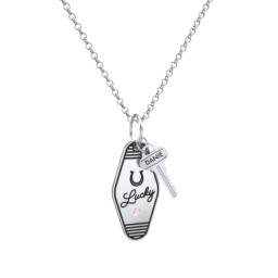 Lucky Horseshoe Engravable Retro Keychain Charm Necklace with Accent - Black in 925 Sterling Silver with Pink Tourmaline