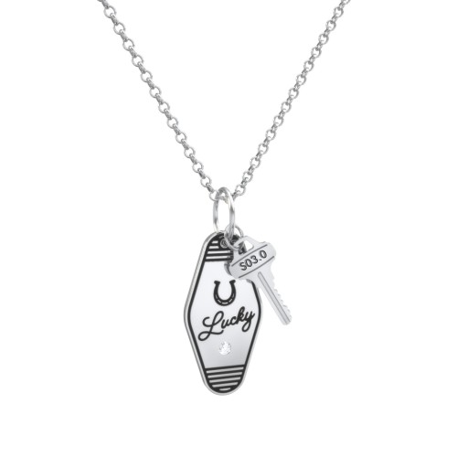 Lucky Horseshoe Engravable Retro Keychain Charm Necklace with Accent - Black – Sterling Silver with Cubic Zirconia