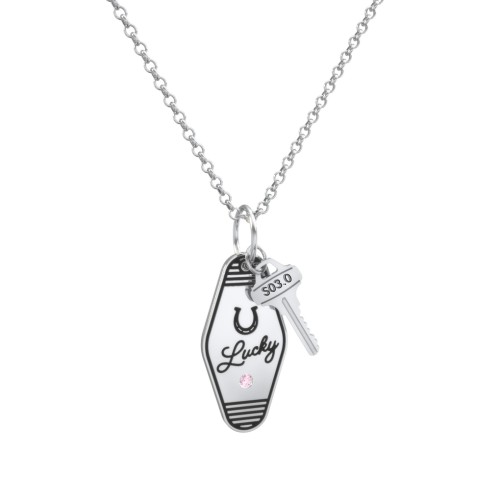 Lucky Horseshoe Engravable Retro Keychain Charm Necklace with Accent - Black – Sterling Silver with Pink Tourmaline