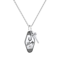 Lucky Horseshoe Engravable Retro Keychain Charm Necklace with Accent - Black in 925 Sterling Silver with Smokey Quartz