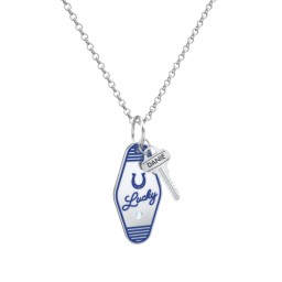 Lucky Horseshoe Engravable Retro Keychain Charm Necklace with Accent - Blue in 925 Sterling Silver