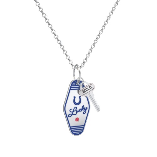 Lucky Horseshoe Engravable Retro Keychain Charm Necklace with Accent - Blue