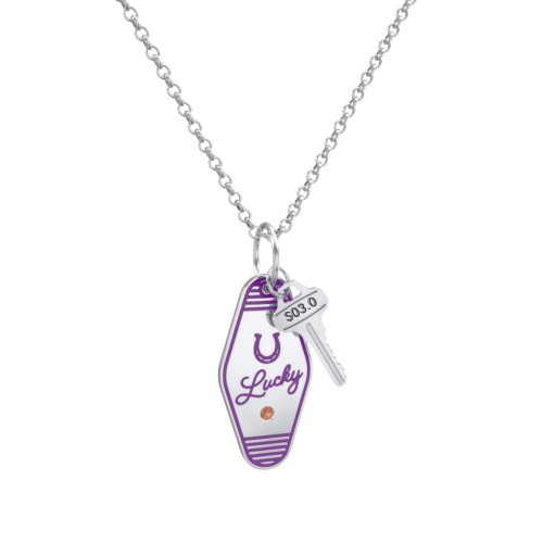 Lucky Horseshoe Engravable Retro Keychain Charm Necklace with Accent - Purple – Sterling Silver with Garnet