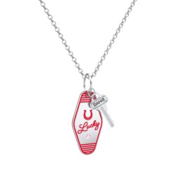 Lucky Horseshoe Engravable Retro Keychain Charm Necklace with Accent - Red in 925 Sterling Silver with Pink Tourmaline