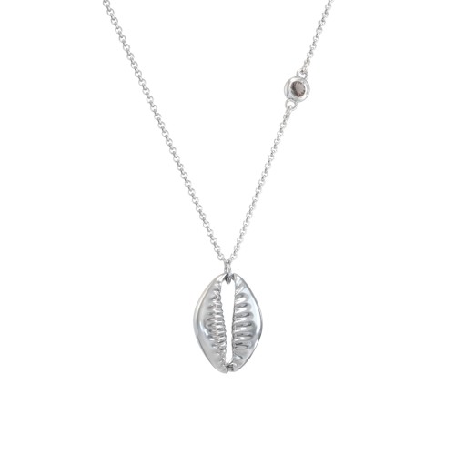 Coffee Bean Shell Necklace with Bezel Set Gemstone – Sterling Silver with Smokey Quartz