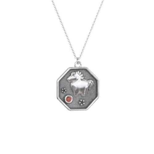 Year of the Horse Engravable Zodiac Medallion Necklace – Sterling Silver with Garnet