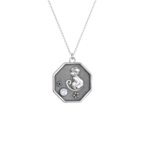 Year of the Monkey Engravable Zodiac Medallion Necklace – Sterling Silver with Aquamarine