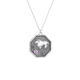Year of the Ox Engravable Zodiac Medallion Necklace in 925 Sterling Silver with Amethyst