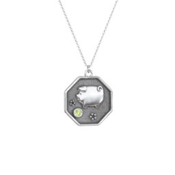 Year of the Pig Engravable Zodiac Medallion Necklace in 925 Sterling Silver with Peridot