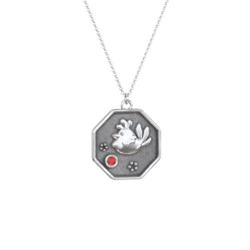 Year of the Rooster Engravable Zodiac Medallion Necklace – Sterling Silver with Garnet