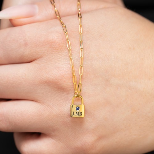 Engravable Lock Necklace with Gemstone