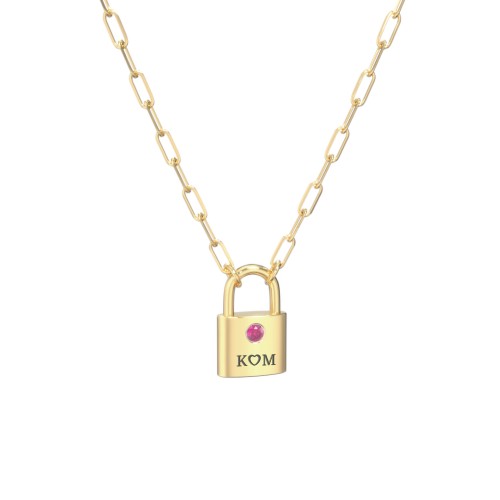Engravable Lock Necklace with Gemstone – 18K Gold Plated Silver with Ruby