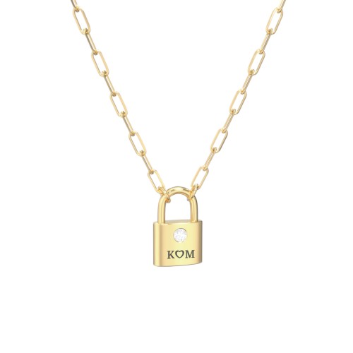 Engravable Lock Necklace with Gemstone – 18K Gold Plated Silver with Diamond