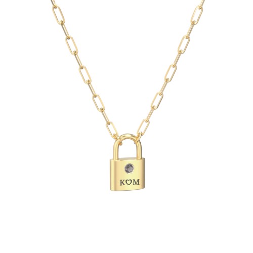 Engravable Lock Necklace with Gemstone – 18K Gold Plated Silver with Smokey Quartz