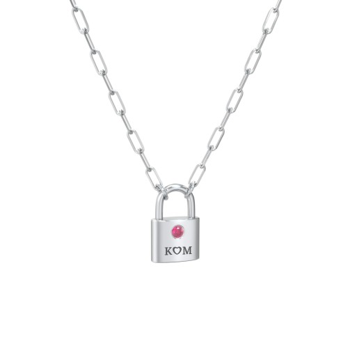 Engravable Lock Necklace with Gemstone – Sterling Silver with Ruby