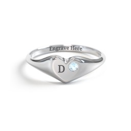 Initial Heart Signet Ring with Gemstone in 925 Sterling Silver