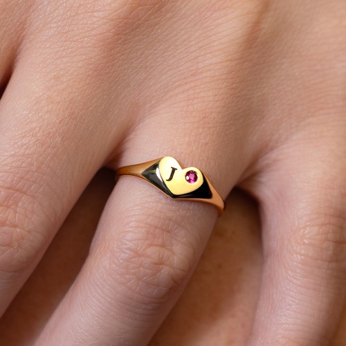 Initial Heart Signet Ring with Gemstone