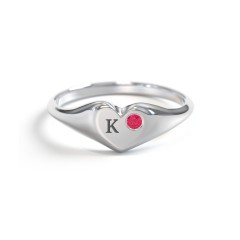Initial Heart Signet Ring with Gemstone – 10K Rose Gold with Ruby