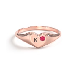 Initial Heart Signet Ring with Gemstone in 10K Solid Rose Gold with Ruby