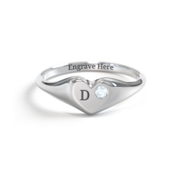 Initial Heart Signet Ring with Gemstone in 925 Sterling Silver with Aquamarine