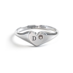 Initial Heart Signet Ring with Gemstone in 925 Sterling Silver with Smokey Quartz
