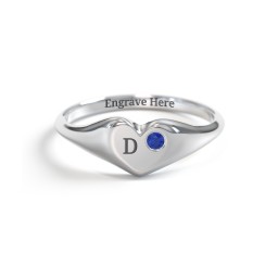 Initial Heart Signet Ring with Gemstone in 925 Sterling Silver with Blue Sapphire
