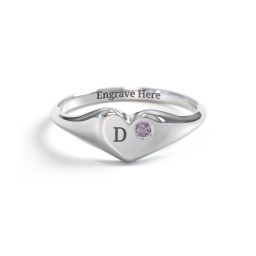 Initial Heart Signet Ring with Gemstone in 925 Sterling Silver with Alexandrite