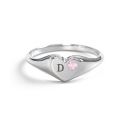 Initial Heart Signet Ring with Gemstone in 925 Sterling Silver with Pink Tourmaline