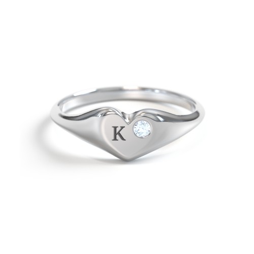 Initial Heart Signet Ring with Gemstone – Sterling Silver with Aquamarine
