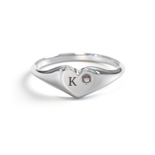 Initial Heart Signet Ring with Gemstone – Sterling Silver with Smokey Quartz