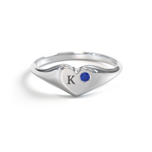 Initial Heart Signet Ring with Gemstone – Sterling Silver with Blue Sapphire