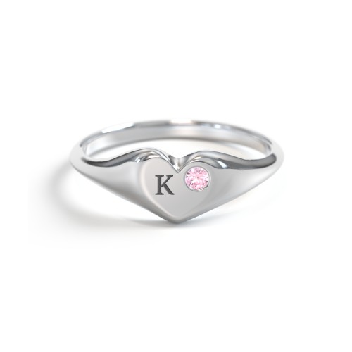 Initial Heart Signet Ring with Gemstone – Sterling Silver with Pink Tourmaline