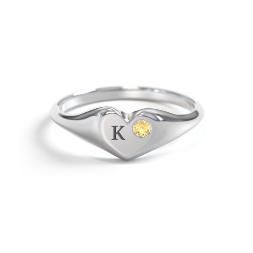 Initial Heart Signet Ring with Gemstone – Sterling Silver with Citrine