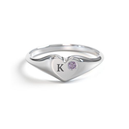 Initial Heart Signet Ring with Gemstone – Sterling Silver with Alexandrite