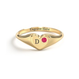 Initial Heart Signet Ring with Gemstone in Vermeil with Ruby