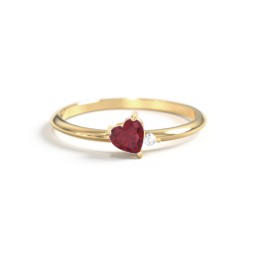 Dainty Diagonal Gemstone Heart Ring with Accent in 18K Gold Plated Silver with Garnet and Cubic Zirconia