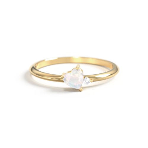 Dainty Diagonal Gemstone Heart Ring with Accent – 18K Gold Plated Silver with Opal and Cubic Zirconia