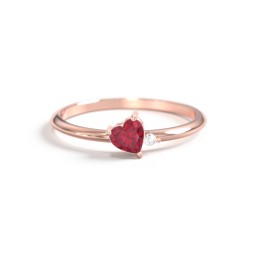 Dainty Diagonal Gemstone Heart Ring with Accent in 10K Solid Rose Gold with Ruby and Cubic Zirconia