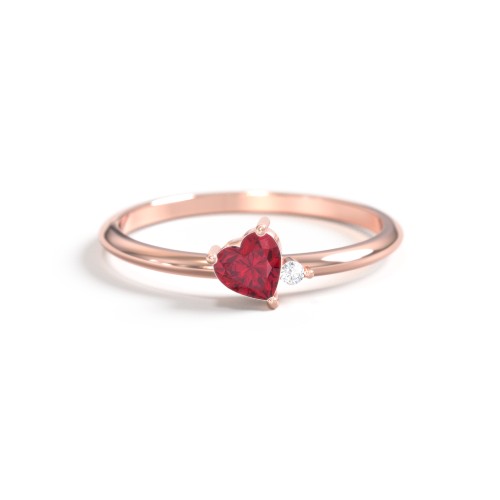 Dainty Diagonal Gemstone Heart Ring with Accent – 10K Rose Gold with Ruby and Cubic Zirconia
