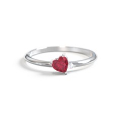 Dainty Diagonal Gemstone Heart Ring with Accent – Sterling Silver with Ruby and Cubic Zirconia