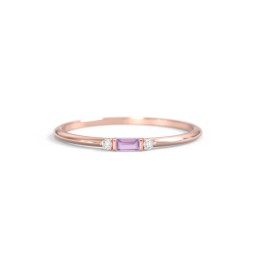 Dainty East-West Minimalist Baguette Ring with Accents in 10K Solid Rose Gold with Amethyst and Cubic Zirconia