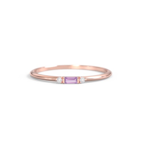 Dainty East-West Minimalist Baguette Ring with Accents – 10K Rose Gold with Amethyst and Cubic Zirconia