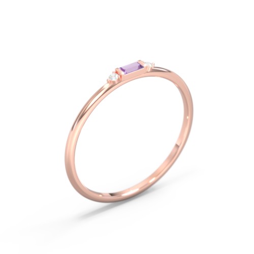Dainty East-West Minimalist Baguette Ring with Accents – 10K Rose Gold with Amethyst and Cubic Zirconia