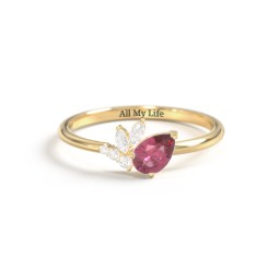 Tilted Pear Gemstone Ring with Cluster Accents in 10K Solid Yellow Gold with Pink Tourmaline and Cubic Zirconia