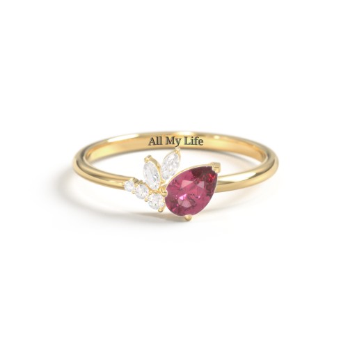 Tilted Pear Gemstone Ring with Cluster Accents – 10K Yellow Gold with Pink Tourmaline and Cubic Zirconia