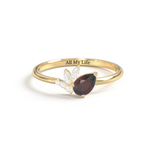 Tilted Pear Gemstone Ring with Cluster Accents – 10K Yellow Gold with Garnet and Cubic Zirconia