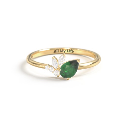 Tilted Pear Gemstone Ring with Cluster Accents – 10K Yellow Gold with Emerald and Cubic Zirconia
