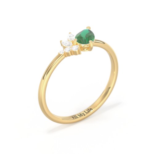 Tilted Pear Gemstone Ring with Cluster Accents – 10K Yellow Gold with Emerald and Cubic Zirconia