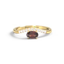 East-West Oval Gemstone Curved Ring with Accents in 10K Solid Yellow Gold with Garnet and Cubic Zirconia
