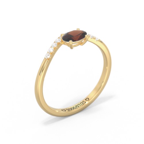 East-West Oval Gemstone Curved Ring with Accents – 10K Yellow Gold with Garnet and Cubic Zirconia